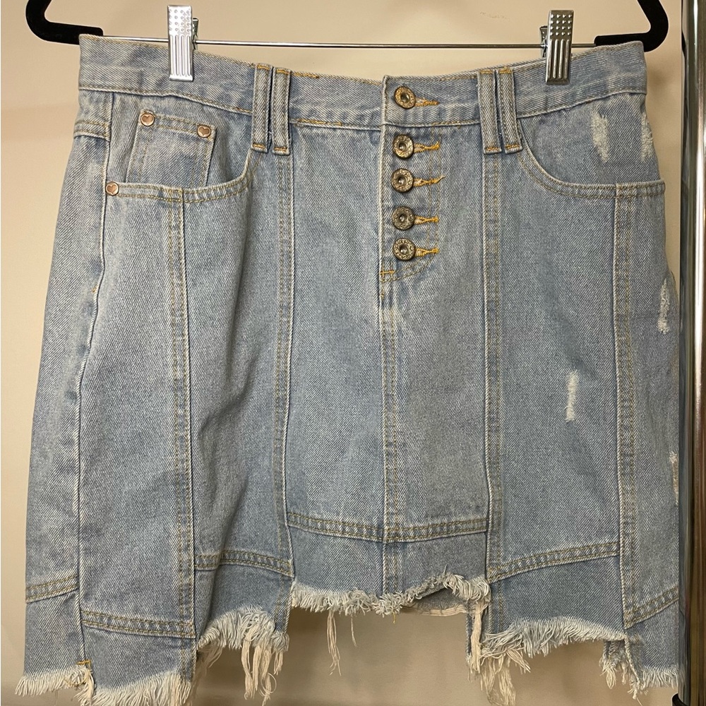 Distressed denim skirt